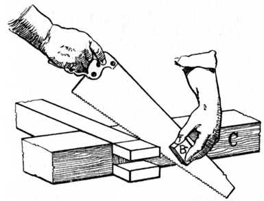 Fig. 92.Sawing off Waste from Bridle Joint.
(See reference on page 39.)