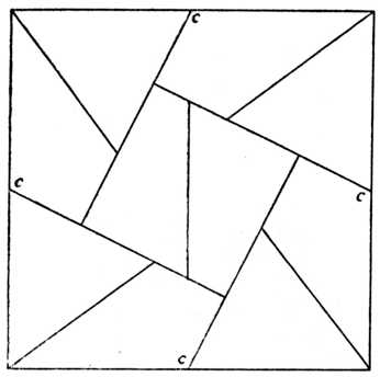 Fig. 399.Ten-piece Square Puzzle. (For
    Guidance in Setting Out, the Centre
    of the Four Outlines are lettered at
    C, C, C, C.)